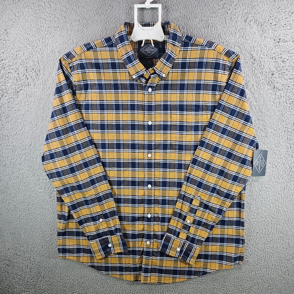 St. John's Bay‎ Mens XL Navy Gold Plaid Button Down Shirt Comfort Stretch NWT